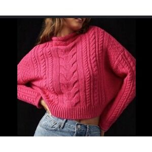 Pilcro Anthropologie Hot Pink Cable Knit Cropped Sweater Womens Large Chunky‎